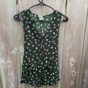 Vintage 90s Floral Button Front Vest Top Green Floral Fitted Indie Boho USA Made